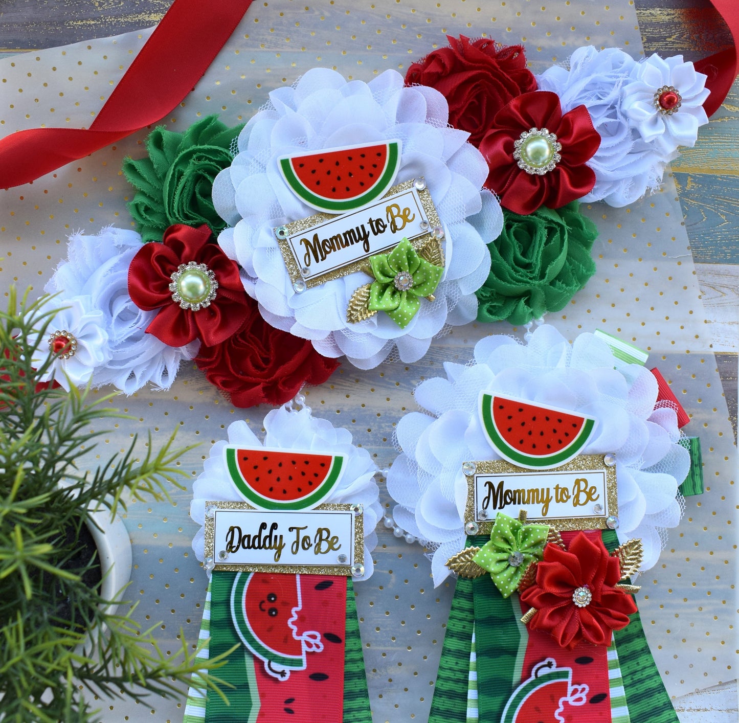 Watermelon Baby Shower, Watermelon Fruit Maternity Sash, Red White Green Flower Sash, Watermelon Summer Flower Sash, Summer Tropical Sash