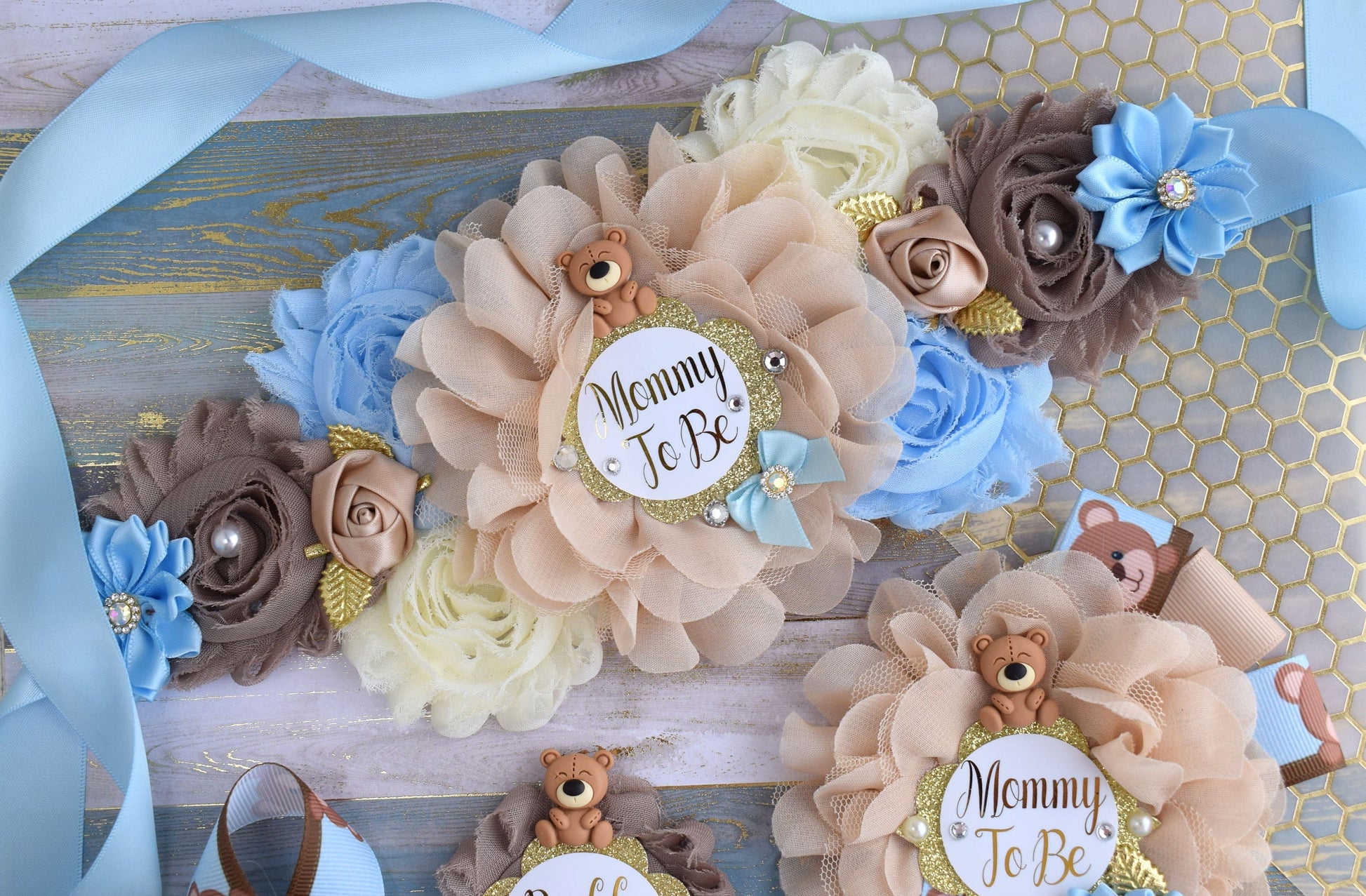 Blue Bear Baby Shower, Teddy Bear Blue Flower Sash, Teddy Bear Corsage Pin, Bear Mommy To Be, Bear Daddy To Be, Bear Baby Shower, Custom - Celebrations By Cris