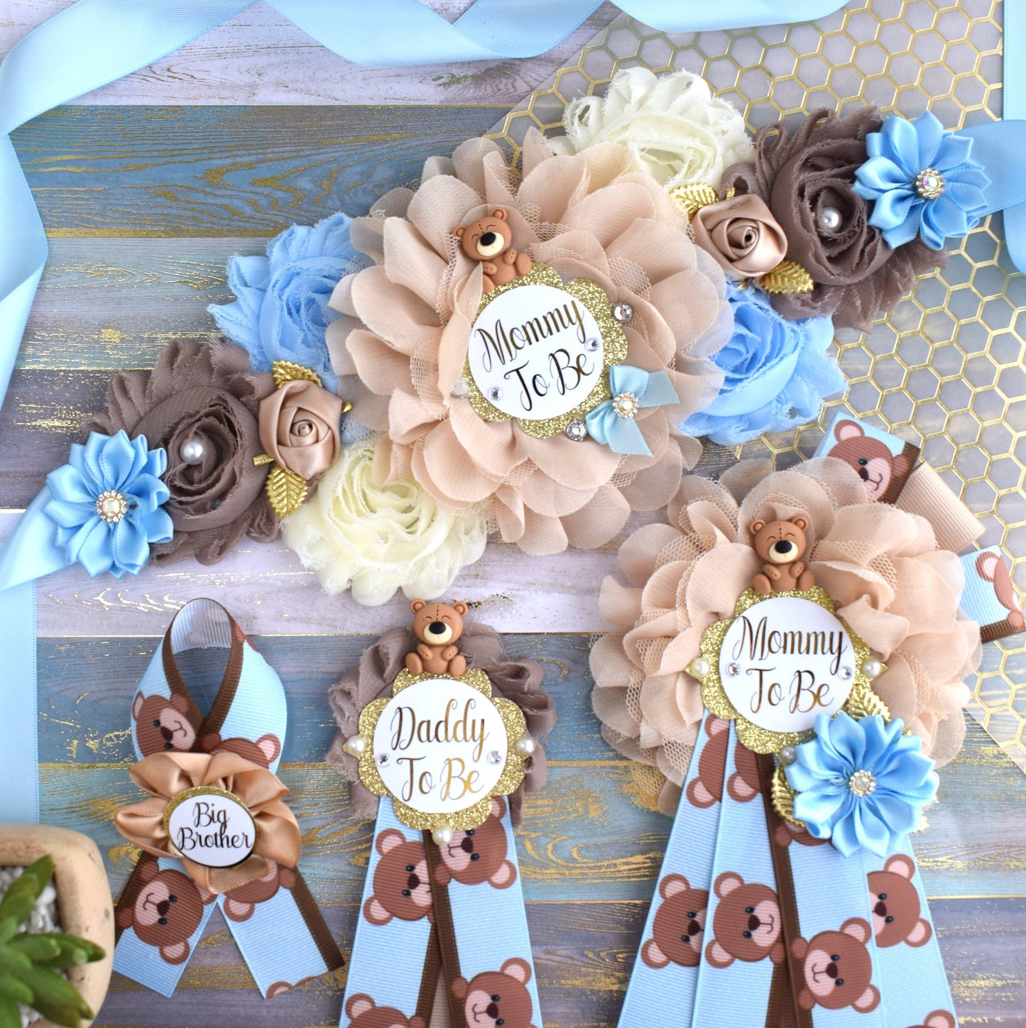 Blue Bear Baby Shower, Teddy Bear Blue Flower Sash, Teddy Bear Corsage Pin, Bear Mommy To Be, Bear Daddy To Be, Bear Baby Shower, Custom - Celebrations By Cris