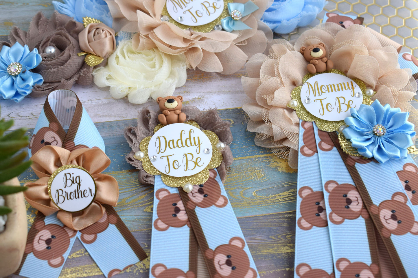 Blue Bear Baby Shower, Teddy Bear Blue Flower Sash, Teddy Bear Corsage Pin, Bear Mommy To Be, Bear Daddy To Be, Bear Baby Shower, Custom - Celebrations By Cris