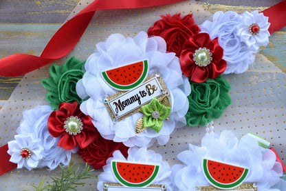 Watermelon Baby Shower, Watermelon Fruit Maternity Sash, Red White Green Flower Sash, Watermelon Summer Flower Sash, Summer Tropical Sash