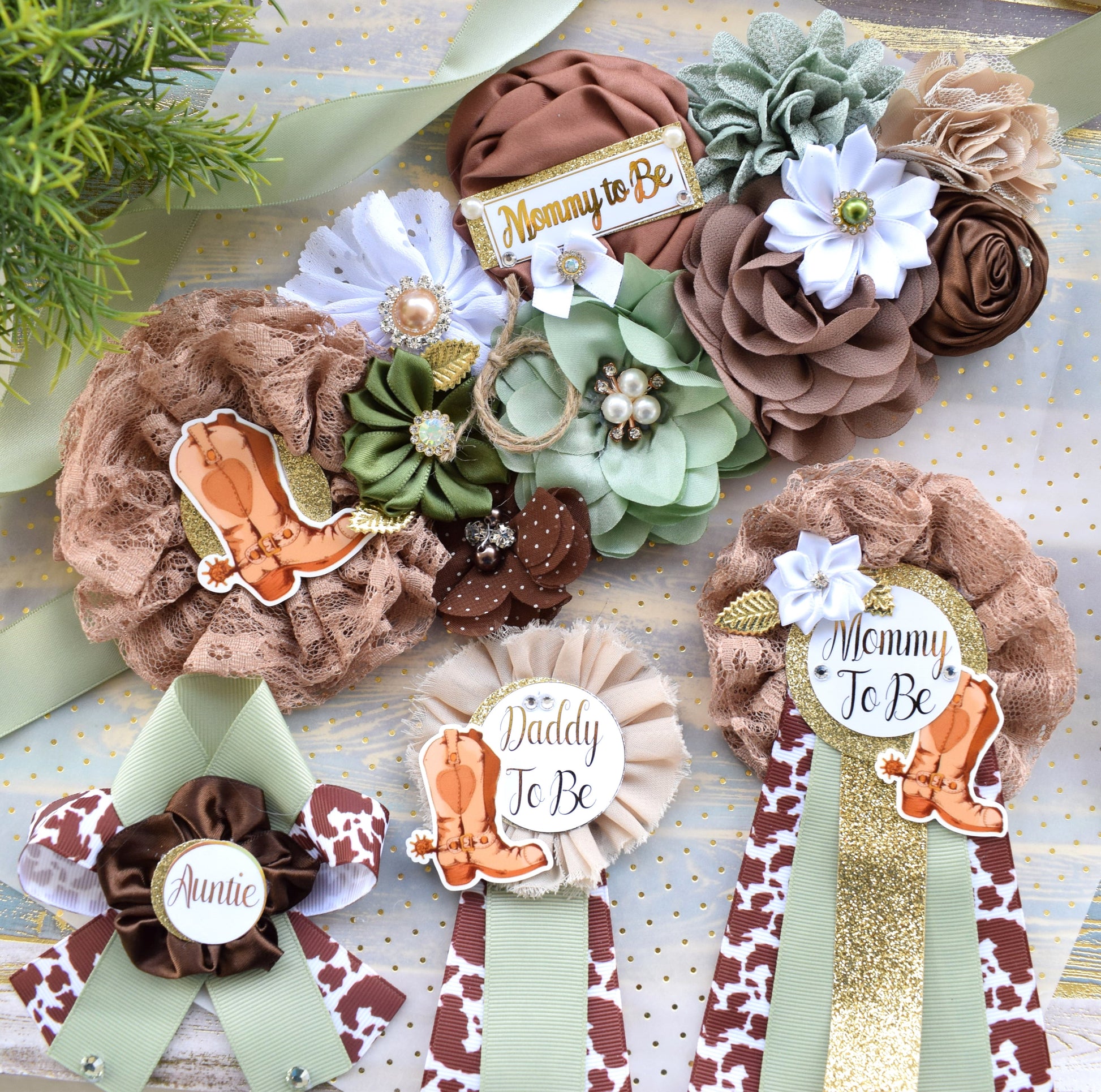 Sage Cowboy Baby Shower, Sage Cowboy Maternity Sash, Boy Cowboy Mommy and Daddy To Be Pin, Sage Brown Flower Sash, Sage Boot Hat Corsage Pin - Celebrations By Cris