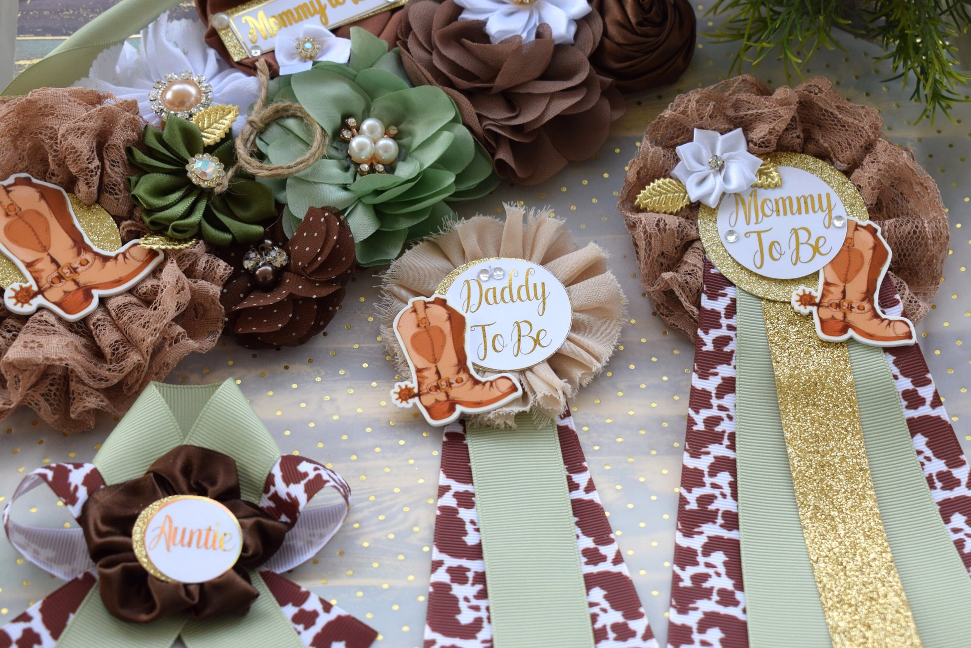 Sage Cowboy Baby Shower, Sage Cowboy Maternity Sash, Boy Cowboy Mommy and Daddy To Be Pin, Sage Brown Flower Sash, Sage Boot Hat Corsage Pin - Celebrations By Cris