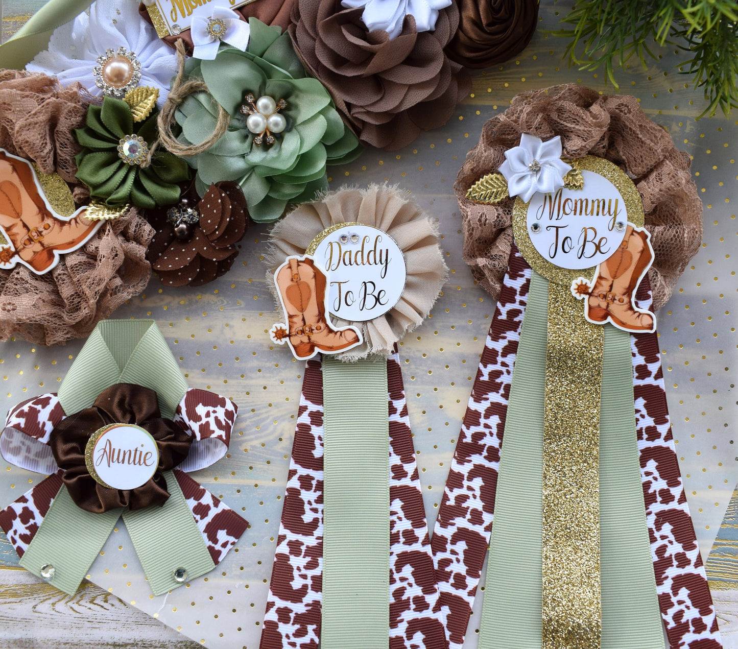 Sage Cowboy Baby Shower, Sage Cowboy Maternity Sash, Boy Cowboy Mommy and Daddy To Be Pin, Sage Brown Flower Sash, Sage Boot Hat Corsage Pin - Celebrations By Cris