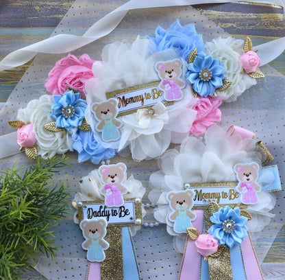 Bear Gender Reveal Baby Shower, Teddy Bear Pink Blue Maternity Sash, Reveal Flower Sash, Gender Reveal Belly Sash, Gender Reveal Baby Shower - Celebrations By Cris