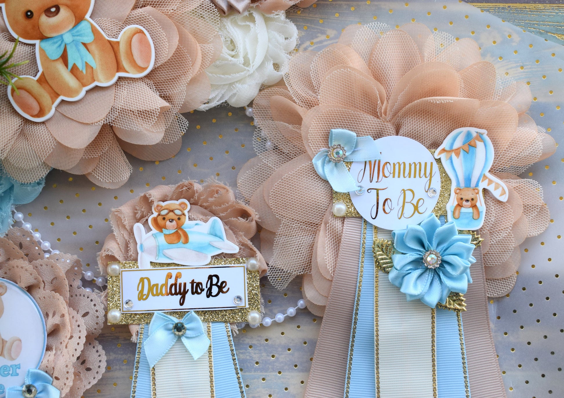 Blue Teddy Bear Baby Shower, Teddy Bear Blue Flower Sash, Teddy Bear Corsage Pin, Bear Mommy To Be, Bear Daddy To Be, Bear Baby Shower - Celebrations By Cris