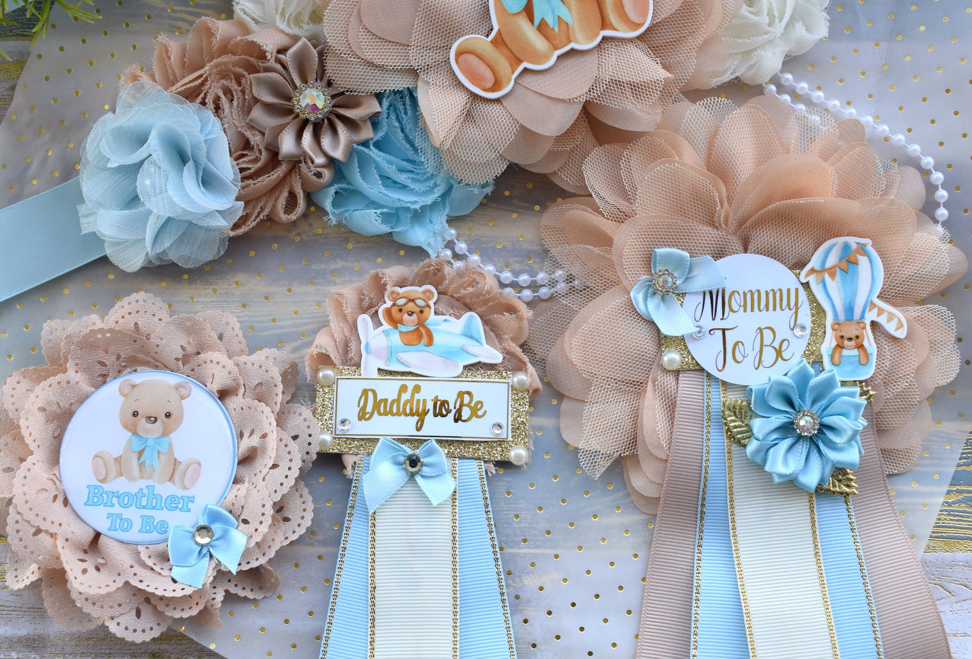 Blue Teddy Bear Baby Shower, Teddy Bear Blue Flower Sash, Teddy Bear Corsage Pin, Bear Mommy To Be, Bear Daddy To Be, Bear Baby Shower - Celebrations By Cris