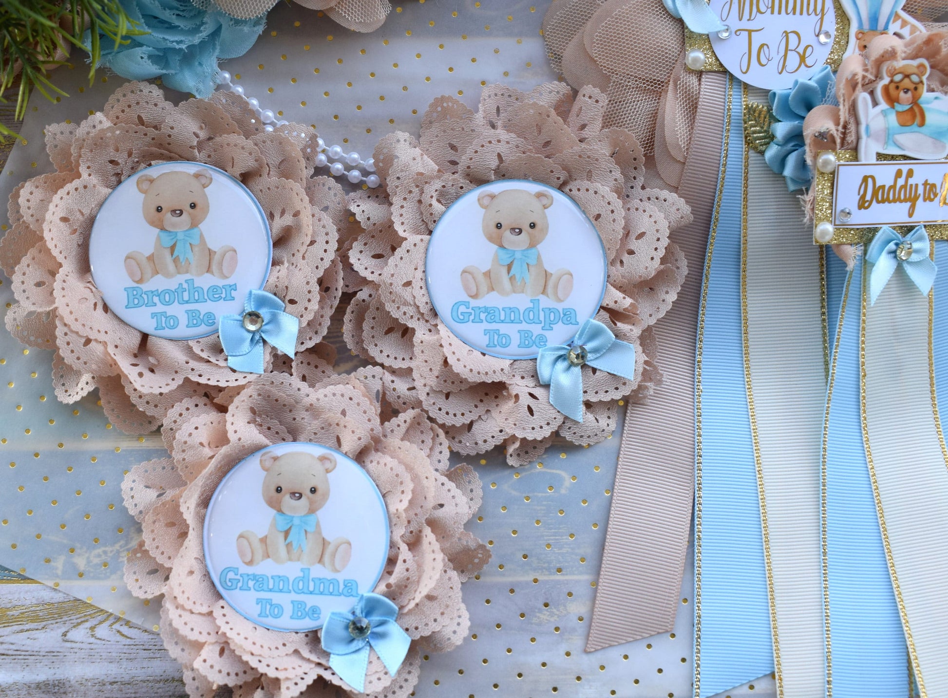 Blue Teddy Bear Baby Shower, Teddy Bear Blue Flower Sash, Teddy Bear Corsage Pin, Bear Mommy To Be, Bear Daddy To Be, Bear Baby Shower - Celebrations By Cris