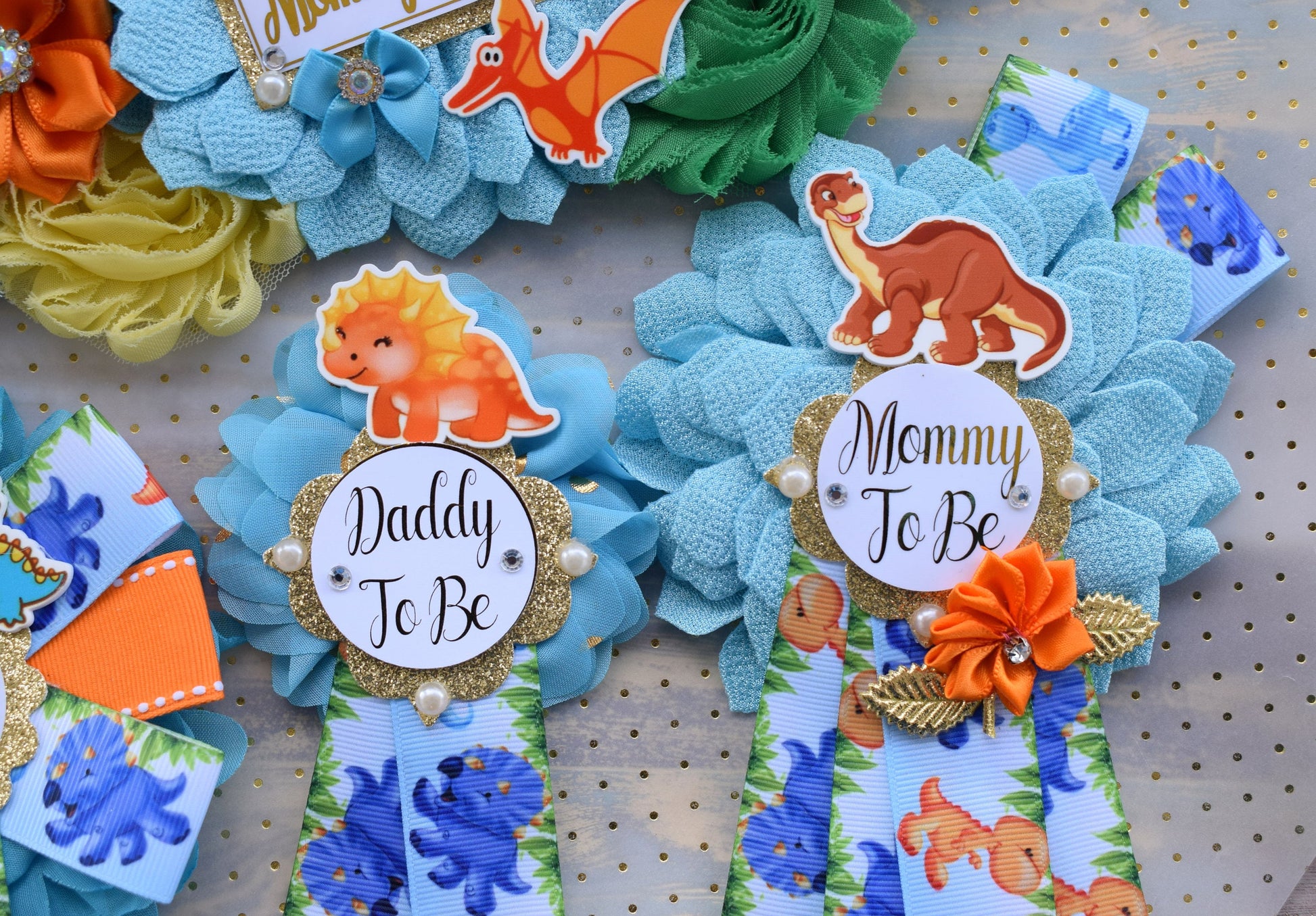 Dinosaur Baby Shower, Dinosaur Corsage Pin Set, Dinosaur Mommy to Be Sash, Dinosaur Mommy Daddy to Be, Dinosaur Orange Green Blue, Custom - Celebrations By Cris