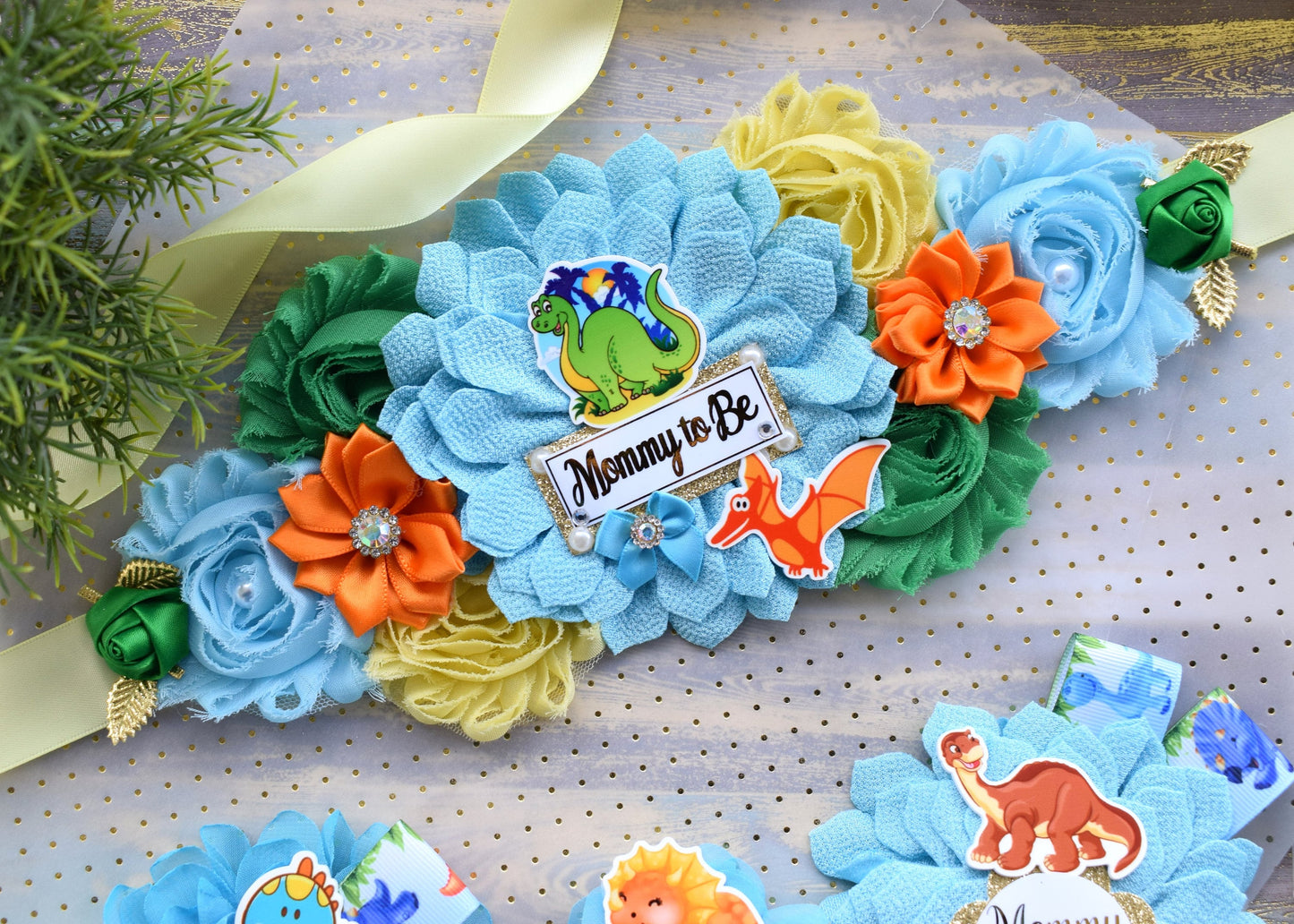 Dinosaur Baby Shower, Dinosaur Corsage Pin Set, Dinosaur Mommy to Be Sash, Dinosaur Mommy Daddy to Be, Dinosaur Orange Green Blue, Custom - Celebrations By Cris