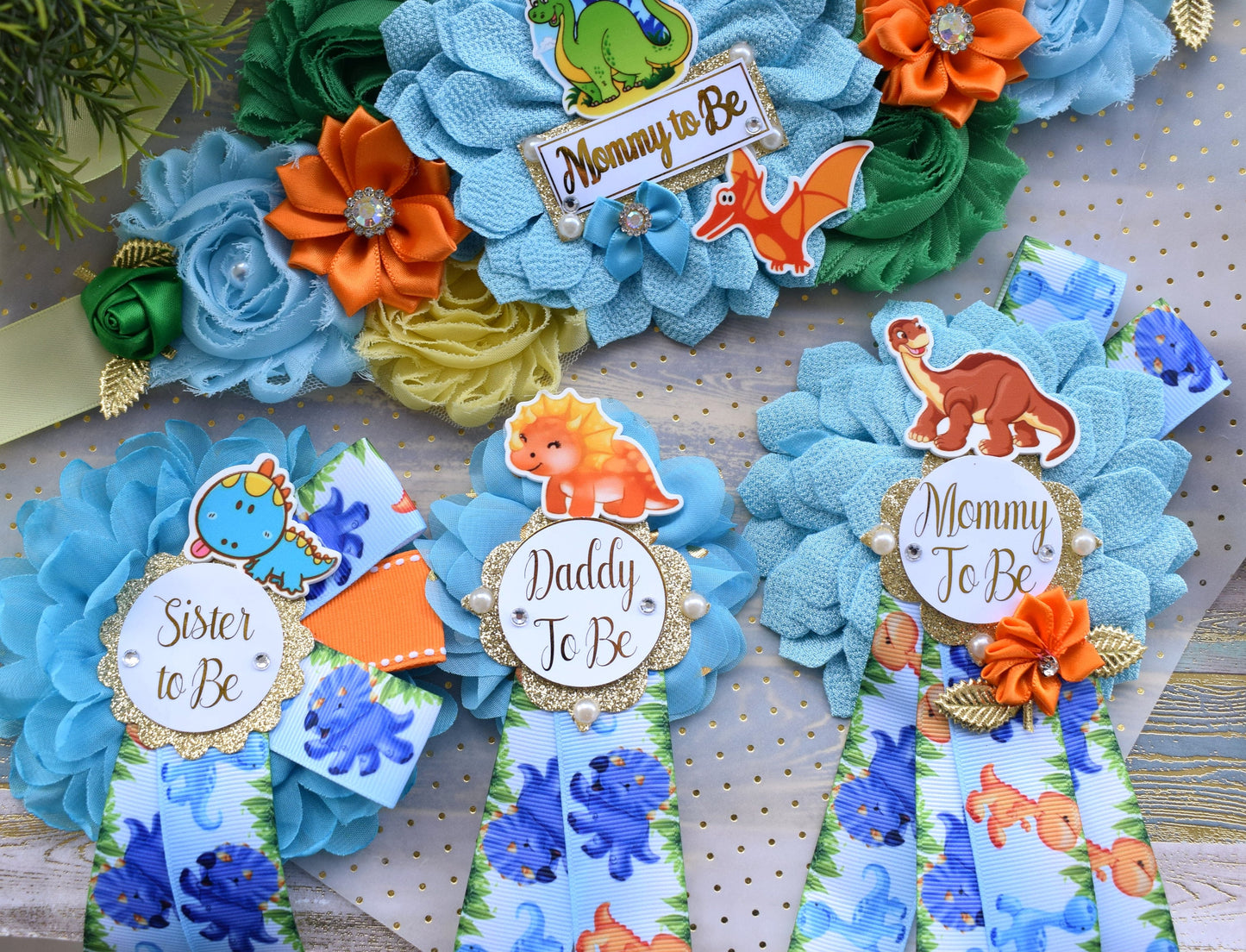 Dinosaur Baby Shower, Dinosaur Corsage Pin Set, Dinosaur Mommy to Be Sash, Dinosaur Mommy Daddy to Be, Dinosaur Orange Green Blue, Custom - Celebrations By Cris