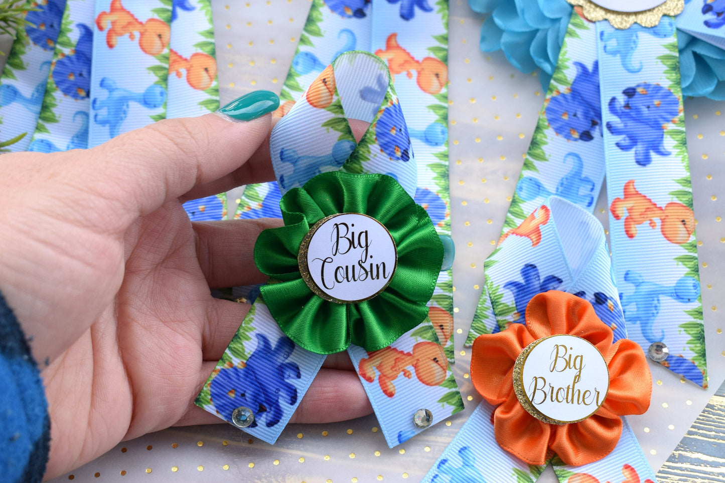 Dinosaur Baby Shower, Dinosaur Corsage Pin Set, Dinosaur Mommy to Be Sash, Dinosaur Mommy Daddy to Be, Dinosaur Orange Green Blue, Custom - Celebrations By Cris