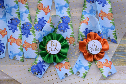 Dinosaur Baby Shower, Dinosaur Corsage Pin Set, Dinosaur Mommy to Be Sash, Dinosaur Mommy Daddy to Be, Dinosaur Orange Green Blue, Custom - Celebrations By Cris