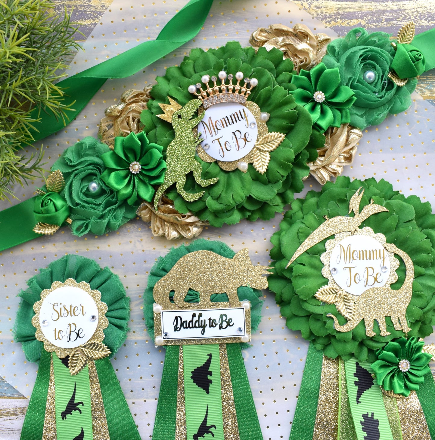 Gold Dinosaur Baby Shower, Green Gold Flower Sash, Gold Dinosaur Animals, Greenery Gold Maternity Sash, Green Gold Dinosaur Baby Shower - Celebrations By Cris