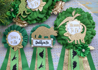 Gold Dinosaur Baby Shower, Green Gold Flower Sash, Gold Dinosaur Animals, Greenery Gold Maternity Sash, Green Gold Dinosaur Baby Shower - Celebrations By Cris