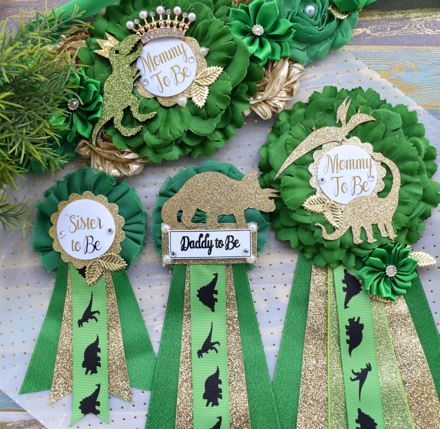 Gold Dinosaur Baby Shower, Green Gold Flower Sash, Gold Dinosaur Animals, Greenery Gold Maternity Sash, Green Gold Dinosaur Baby Shower - Celebrations By Cris