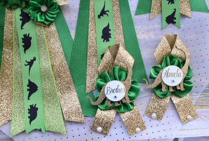 Gold Dinosaur Baby Shower, Green Gold Flower Sash, Gold Dinosaur Animals, Greenery Gold Maternity Sash, Green Gold Dinosaur Baby Shower - Celebrations By Cris