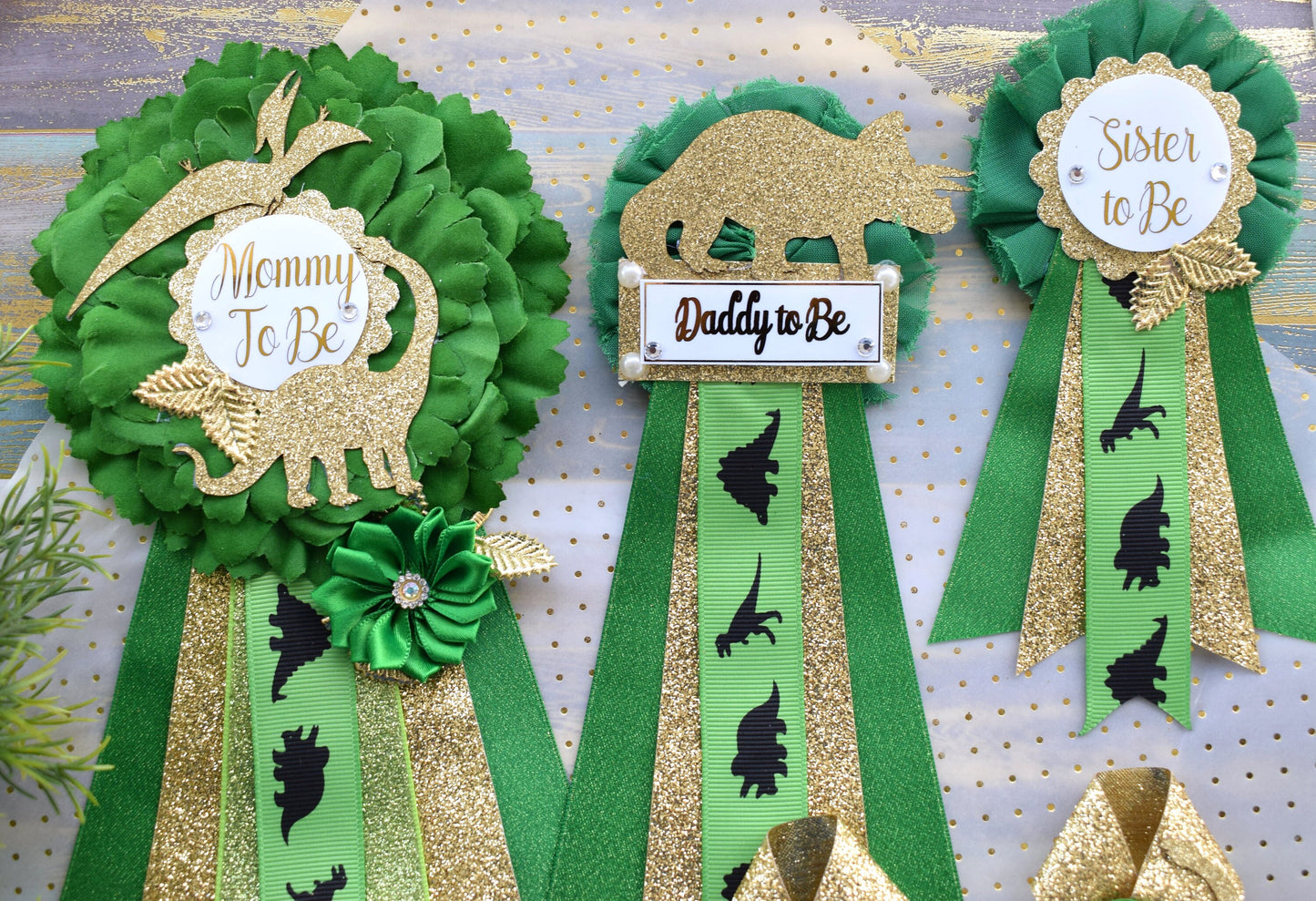 Gold Dinosaur Baby Shower, Green Gold Flower Sash, Gold Dinosaur Animals, Greenery Gold Maternity Sash, Green Gold Dinosaur Baby Shower - Celebrations By Cris