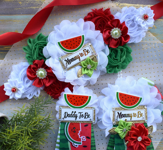 Watermelon Baby Shower, Watermelon Fruit Maternity Sash, Red White Green Flower Sash, Watermelon Summer Flower Sash, Summer Tropical Sash