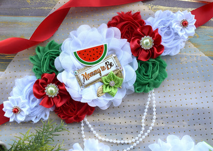 Watermelon Baby Shower, Watermelon Fruit Maternity Sash, Red White Green Flower Sash, Watermelon Summer Flower Sash, Summer Tropical Sash