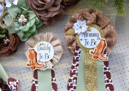 Sage Cowboy Baby Shower, Sage Cowboy Maternity Sash, Boy Cowboy Mommy and Daddy To Be Pin, Sage Brown Flower Sash, Sage Boot Hat Corsage Pin - Celebrations By Cris