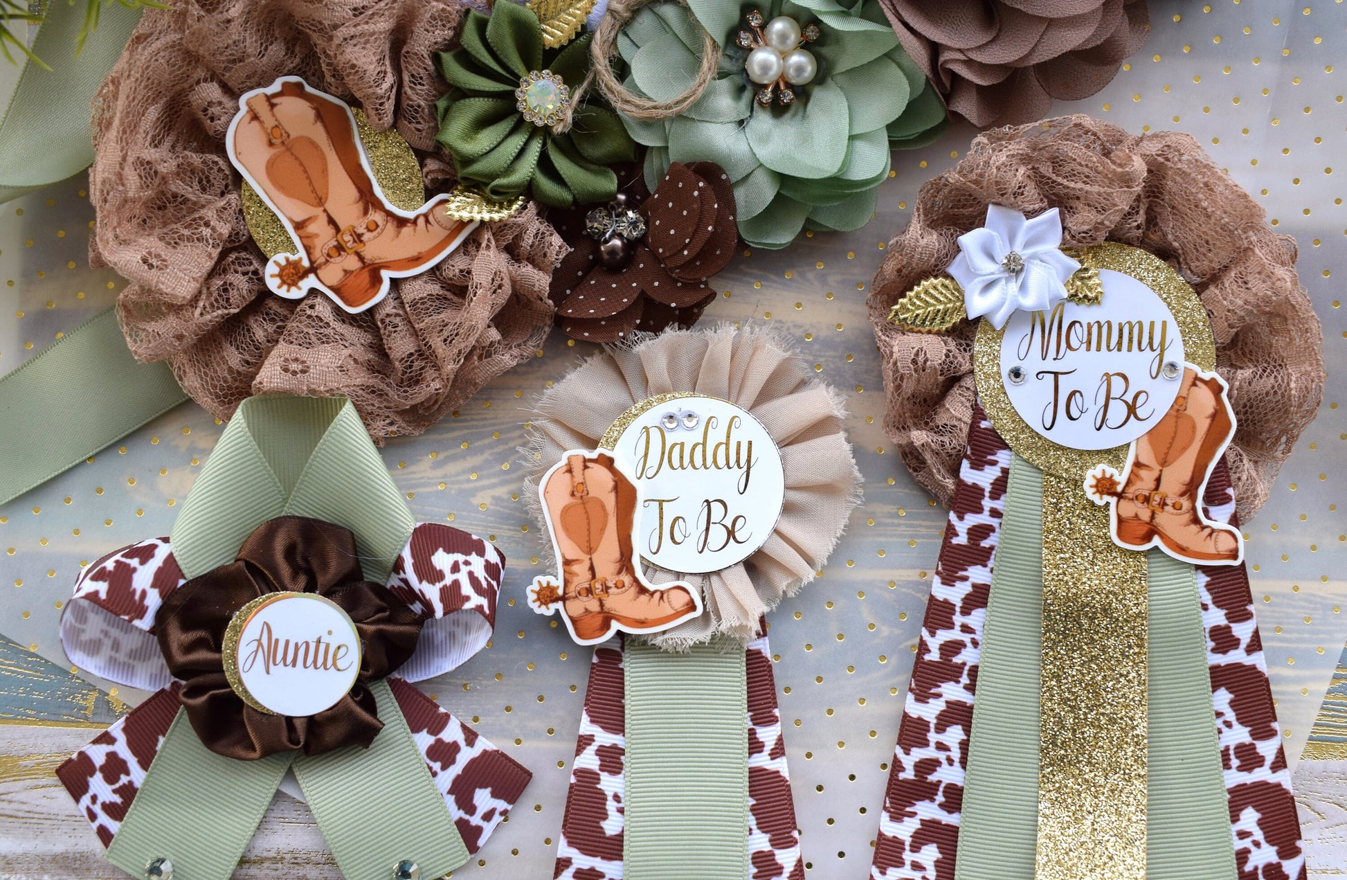 Sage Cowboy Baby Shower, Sage Cowboy Maternity Sash, Boy Cowboy Mommy and Daddy To Be Pin, Sage Brown Flower Sash, Sage Boot Hat Corsage Pin - Celebrations By Cris