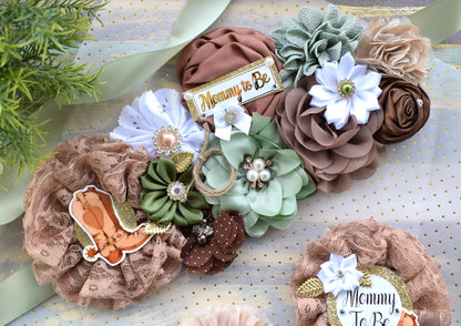 Sage Cowboy Baby Shower, Sage Cowboy Maternity Sash, Boy Cowboy Mommy and Daddy To Be Pin, Sage Brown Flower Sash, Sage Boot Hat Corsage Pin - Celebrations By Cris