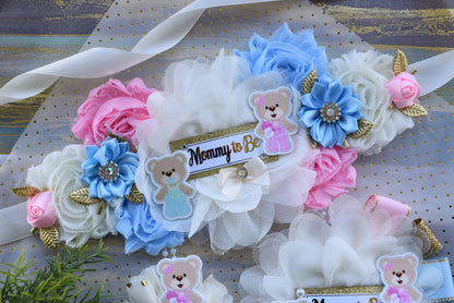 Bear Gender Reveal Baby Shower, Teddy Bear Pink Blue Maternity Sash, Reveal Flower Sash, Gender Reveal Belly Sash, Gender Reveal Baby Shower - Celebrations By Cris