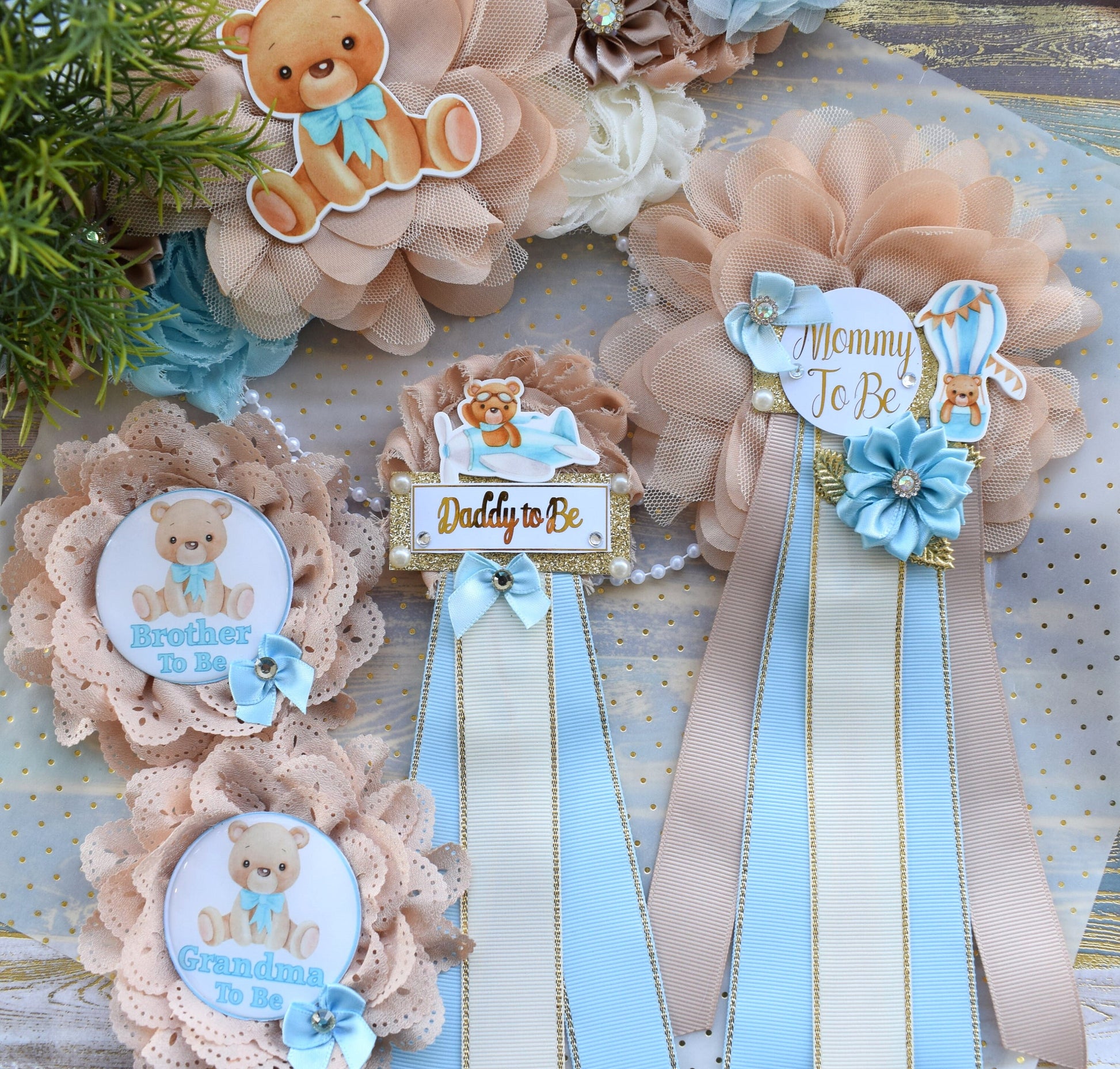 Blue Teddy Bear Baby Shower, Teddy Bear Blue Flower Sash, Teddy Bear Corsage Pin, Bear Mommy To Be, Bear Daddy To Be, Bear Baby Shower - Celebrations By Cris