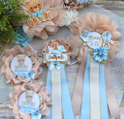 Blue Teddy Bear Baby Shower, Teddy Bear Blue Flower Sash, Teddy Bear Corsage Pin, Bear Mommy To Be, Bear Daddy To Be, Bear Baby Shower - Celebrations By Cris