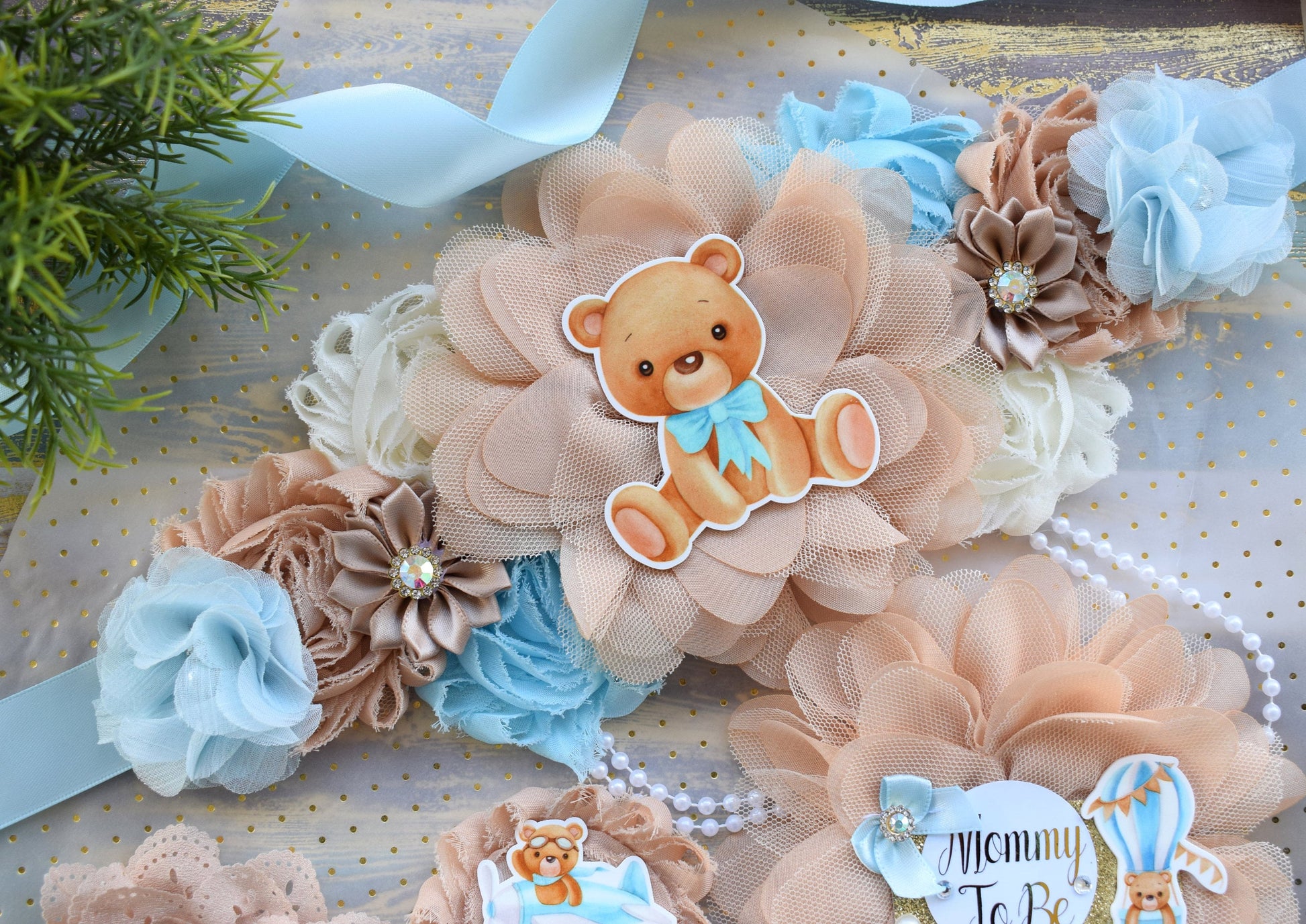 Blue Teddy Bear Baby Shower, Teddy Bear Blue Flower Sash, Teddy Bear Corsage Pin, Bear Mommy To Be, Bear Daddy To Be, Bear Baby Shower - Celebrations By Cris