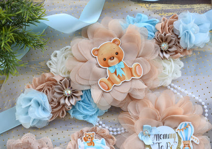 Blue Teddy Bear Baby Shower, Teddy Bear Blue Flower Sash, Teddy Bear Corsage Pin, Bear Mommy To Be, Bear Daddy To Be, Bear Baby Shower - Celebrations By Cris