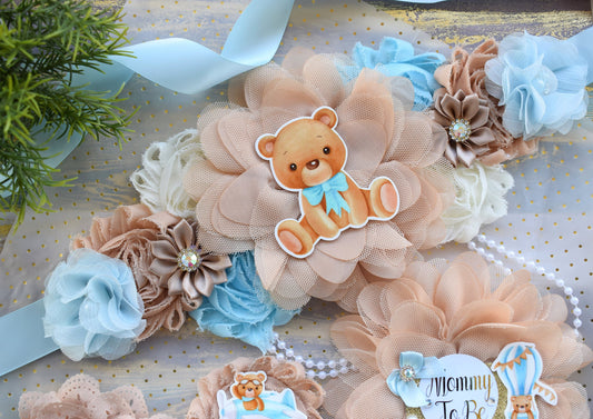 Blue Teddy Bear Baby Shower, Teddy Bear Blue Flower Sash, Teddy Bear Corsage Pin, Bear Mommy To Be, Bear Daddy To Be, Bear Baby Shower - Celebrations By Cris