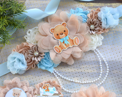 Blue Teddy Bear Baby Shower, Teddy Bear Blue Flower Sash, Teddy Bear Corsage Pin, Bear Mommy To Be, Bear Daddy To Be, Bear Baby Shower - Celebrations By Cris