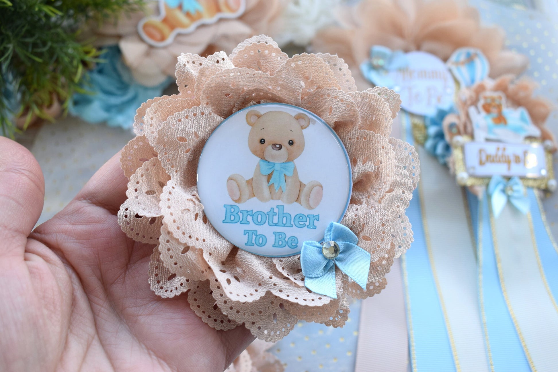 Blue Teddy Bear Baby Shower, Teddy Bear Blue Flower Sash, Teddy Bear Corsage Pin, Bear Mommy To Be, Bear Daddy To Be, Bear Baby Shower - Celebrations By Cris