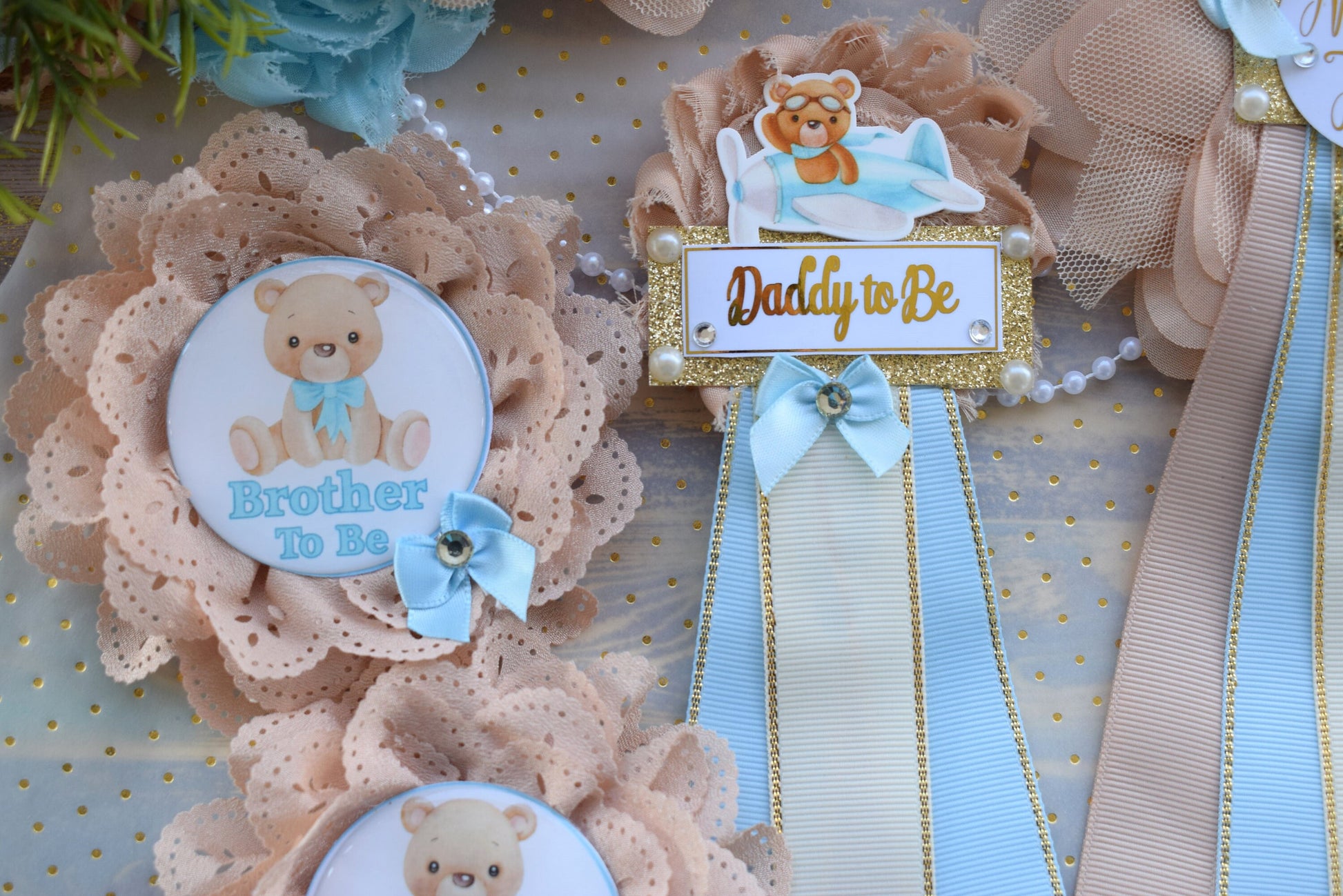 Blue Teddy Bear Baby Shower, Teddy Bear Blue Flower Sash, Teddy Bear Corsage Pin, Bear Mommy To Be, Bear Daddy To Be, Bear Baby Shower - Celebrations By Cris