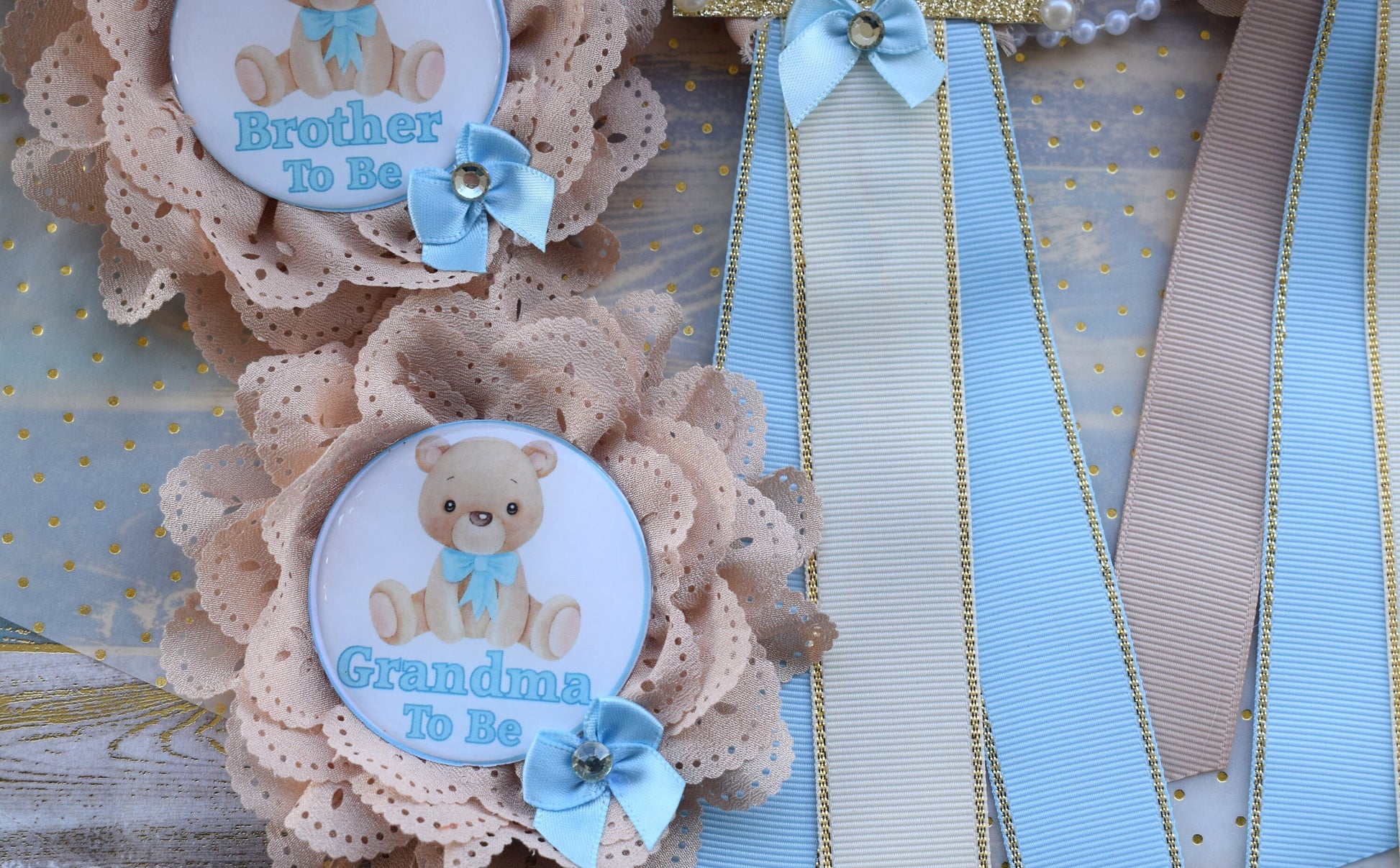 Blue Teddy Bear Baby Shower, Teddy Bear Blue Flower Sash, Teddy Bear Corsage Pin, Bear Mommy To Be, Bear Daddy To Be, Bear Baby Shower - Celebrations By Cris