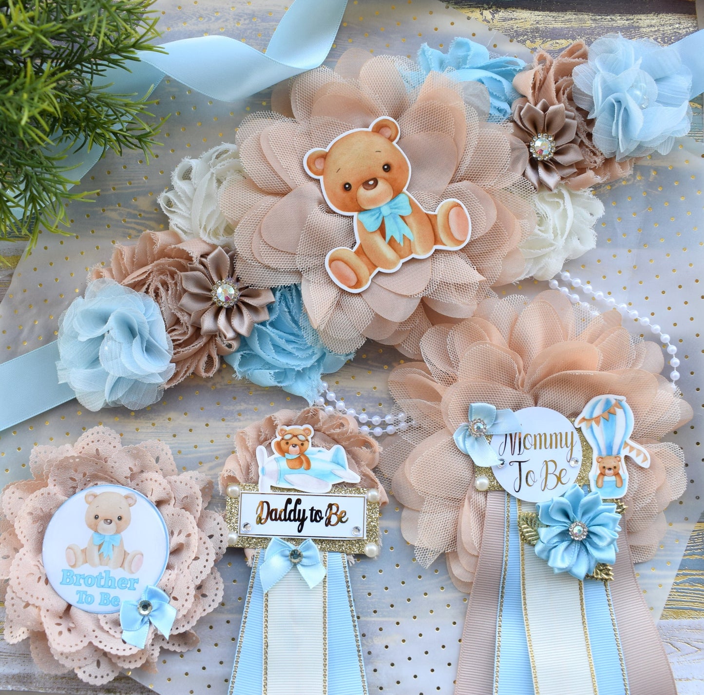 Blue Teddy Bear Baby Shower, Teddy Bear Blue Flower Sash, Teddy Bear Corsage Pin, Bear Mommy To Be, Bear Daddy To Be, Bear Baby Shower - Celebrations By Cris