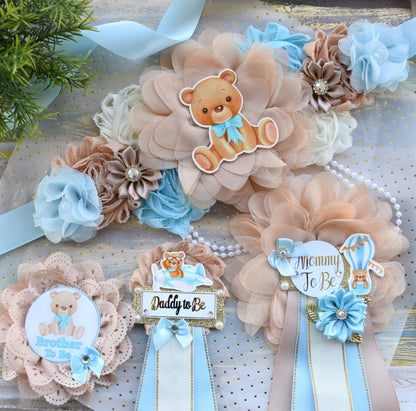 Blue Teddy Bear Baby Shower, Teddy Bear Blue Flower Sash, Teddy Bear Corsage Pin, Bear Mommy To Be, Bear Daddy To Be, Bear Baby Shower - Celebrations By Cris