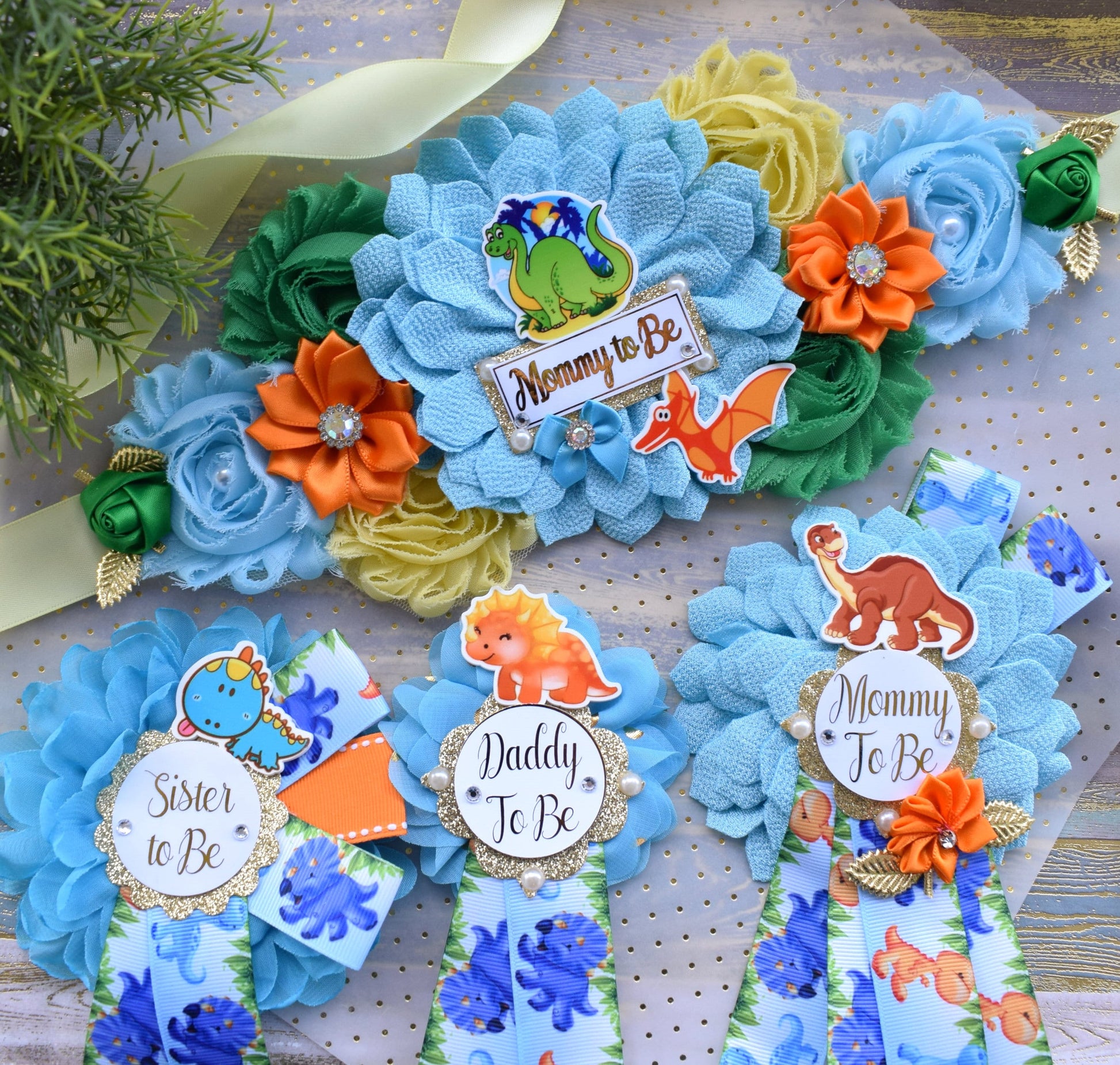 Dinosaur Baby Shower, Dinosaur Corsage Pin Set, Dinosaur Mommy to Be Sash, Dinosaur Mommy Daddy to Be, Dinosaur Orange Green Blue, Custom - Celebrations By Cris