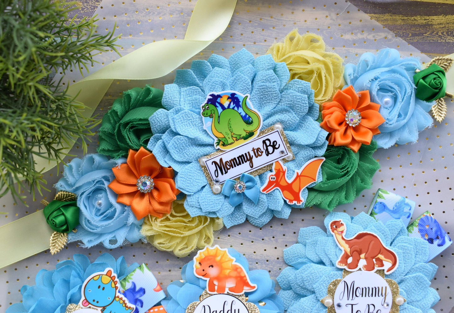 Dinosaur Baby Shower, Dinosaur Corsage Pin Set, Dinosaur Mommy to Be Sash, Dinosaur Mommy Daddy to Be, Dinosaur Orange Green Blue, Custom - Celebrations By Cris