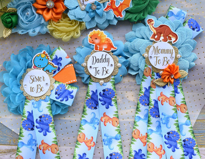 Dinosaur Baby Shower, Dinosaur Corsage Pin Set, Dinosaur Mommy to Be Sash, Dinosaur Mommy Daddy to Be, Dinosaur Orange Green Blue, Custom - Celebrations By Cris