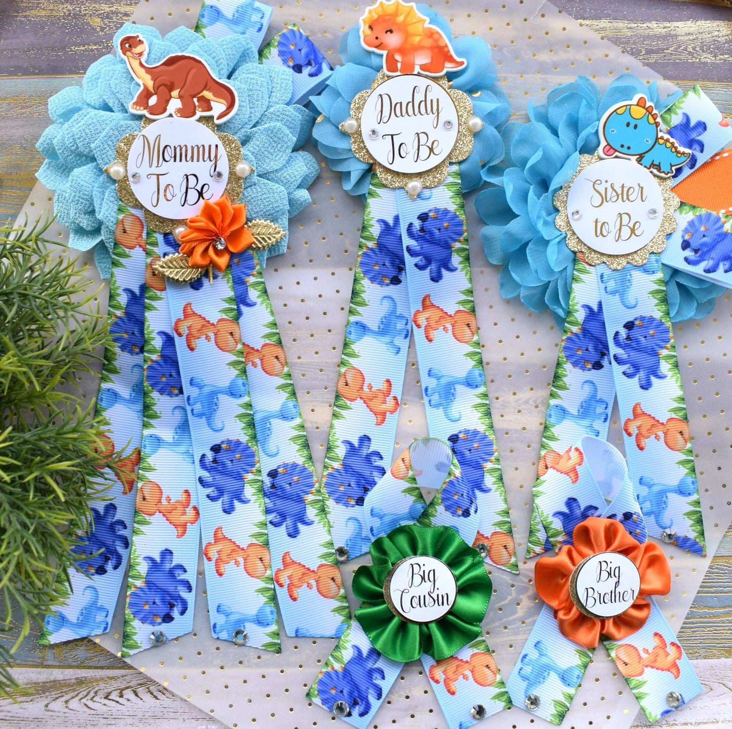 Dinosaur Baby Shower, Dinosaur Corsage Pin Set, Dinosaur Mommy to Be Sash, Dinosaur Mommy Daddy to Be, Dinosaur Orange Green Blue, Custom - Celebrations By Cris