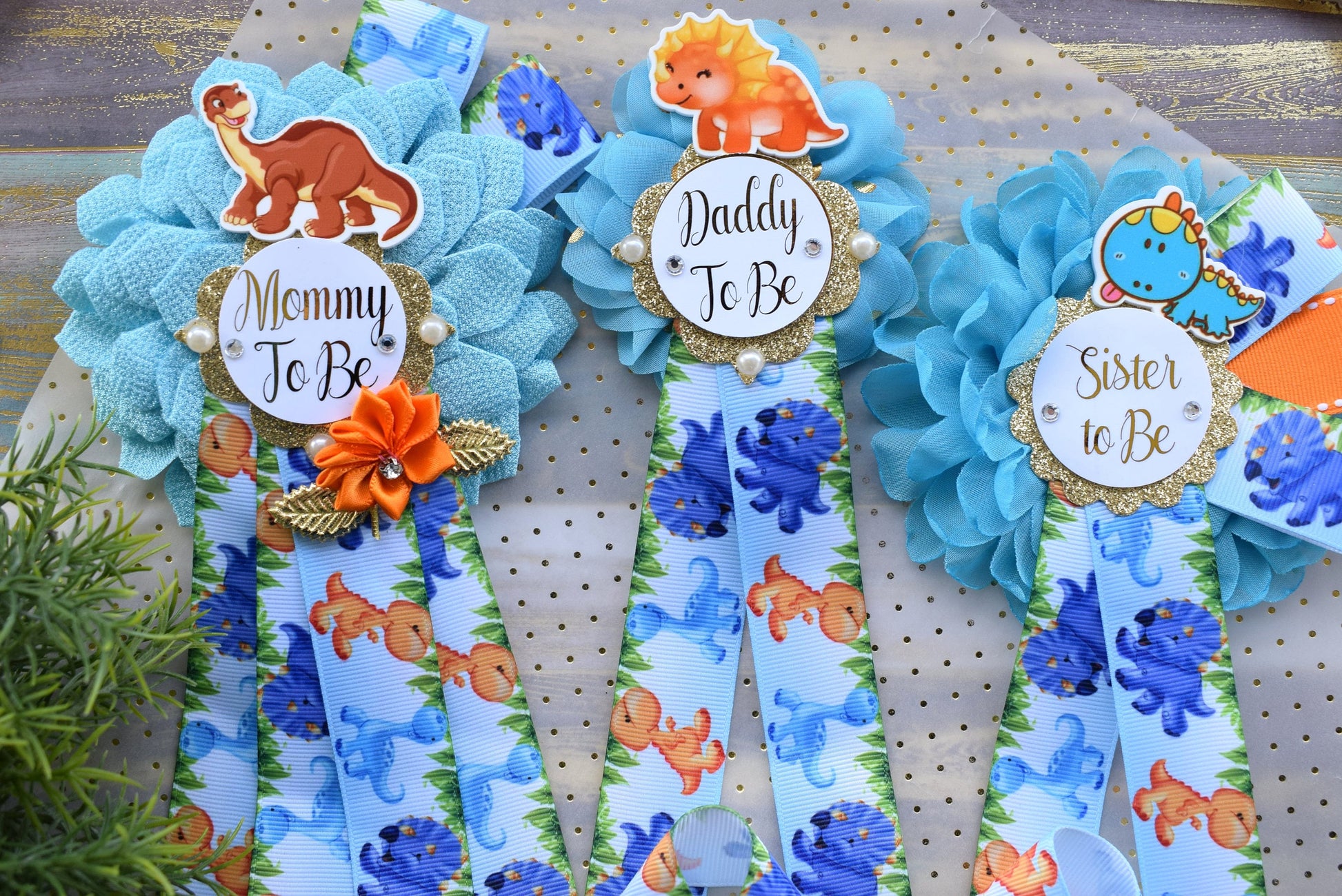 Dinosaur Baby Shower, Dinosaur Corsage Pin Set, Dinosaur Mommy to Be Sash, Dinosaur Mommy Daddy to Be, Dinosaur Orange Green Blue, Custom - Celebrations By Cris