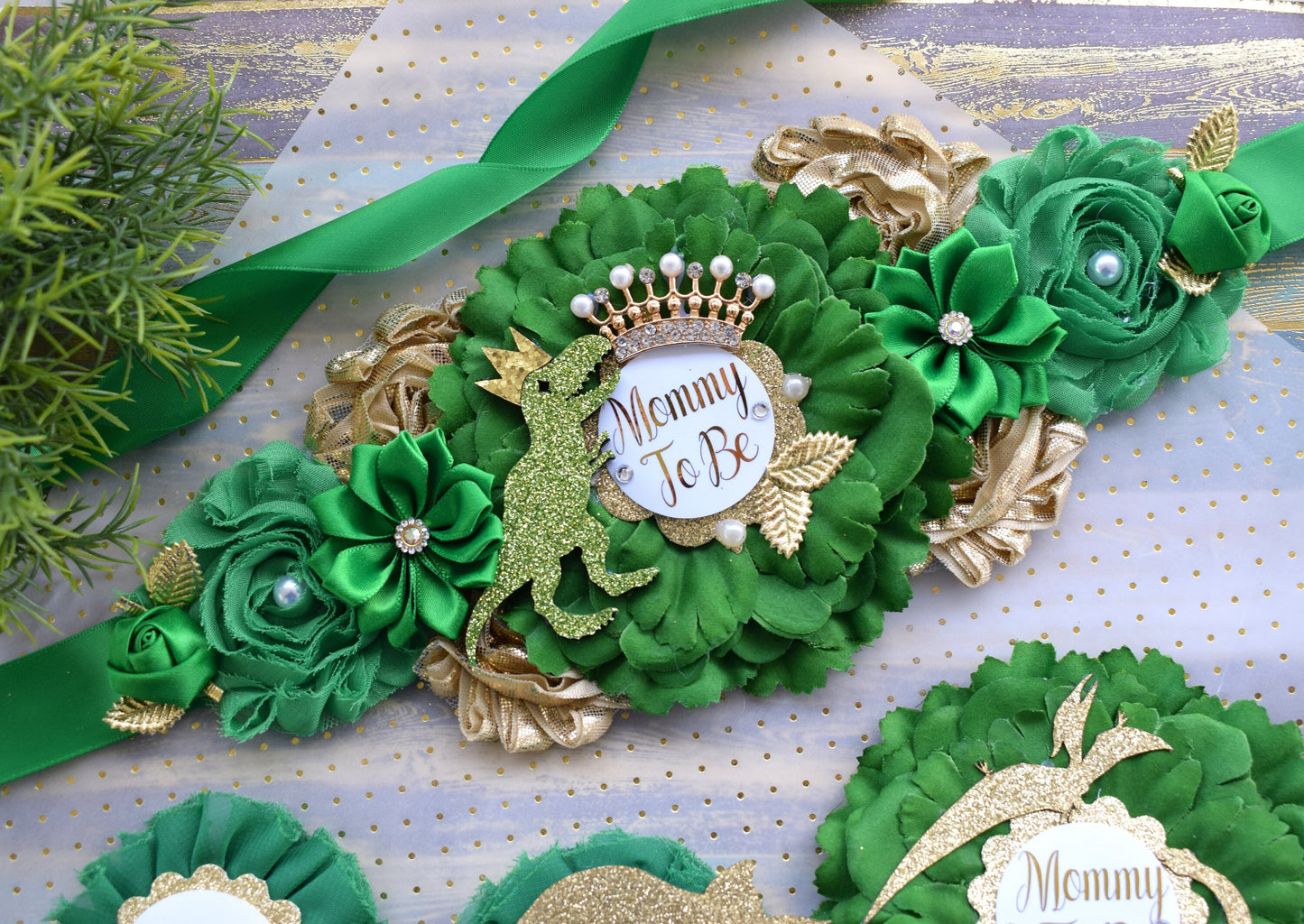 Gold Dinosaur Baby Shower, Green Gold Flower Sash, Gold Dinosaur Animals, Greenery Gold Maternity Sash, Green Gold Dinosaur Baby Shower - Celebrations By Cris