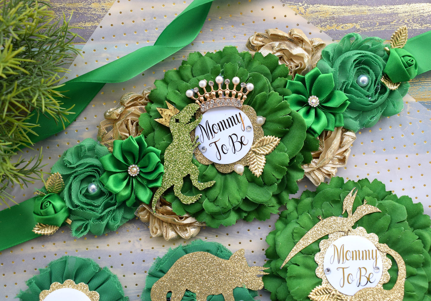 Gold Dinosaur Baby Shower, Green Gold Flower Sash, Gold Dinosaur Animals, Greenery Gold Maternity Sash, Green Gold Dinosaur Baby Shower - Celebrations By Cris