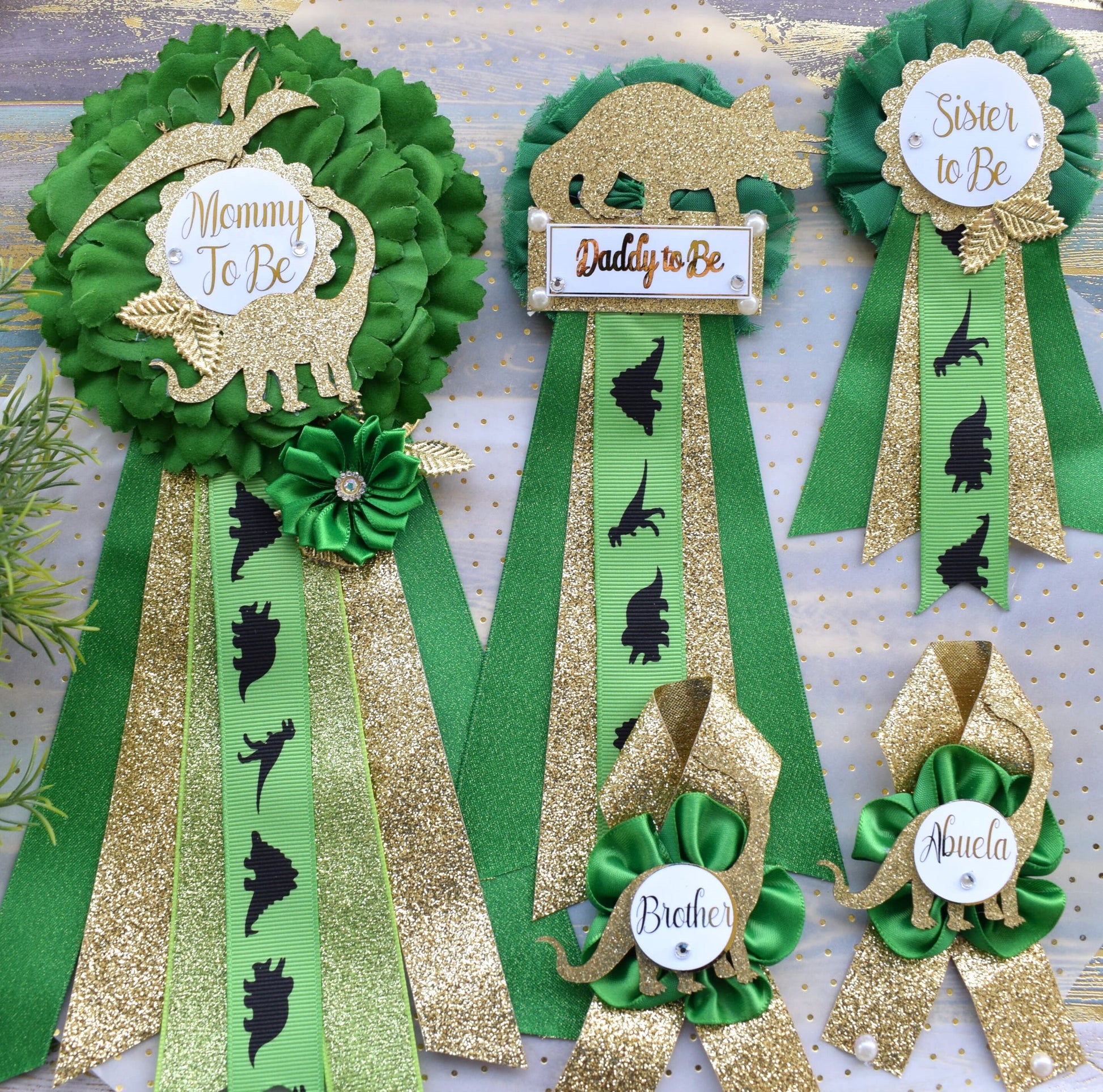 Gold Dinosaur Baby Shower, Green Gold Flower Sash, Gold Dinosaur Animals, Greenery Gold Maternity Sash, Green Gold Dinosaur Baby Shower - Celebrations By Cris