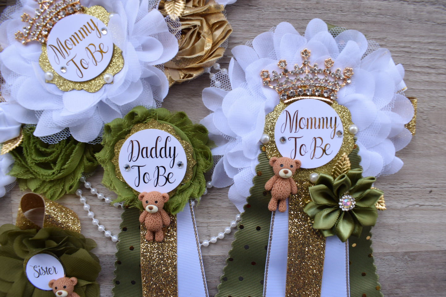 Olive Bear Baby Shower Set, Olive Maternity Sash, Teddy Bear Olive White Gold, Mommy To Be Pin, Daddy To Be Pin, Olive Baby Shower, Custom - Celebrations By Cris