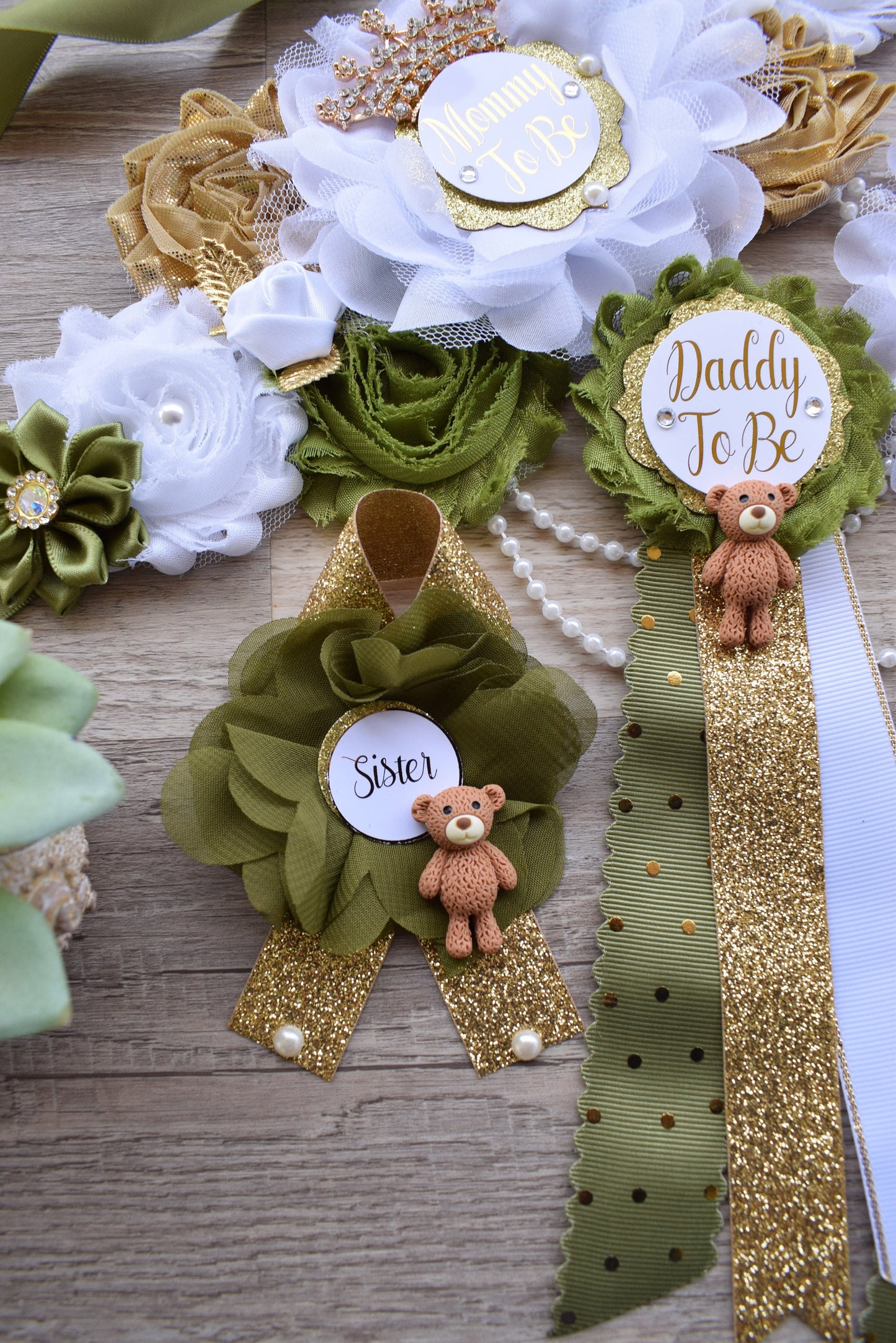 Olive Bear Baby Shower Set, Olive Maternity Sash, Teddy Bear Olive White Gold, Mommy To Be Pin, Daddy To Be Pin, Olive Baby Shower, Custom - Celebrations By Cris