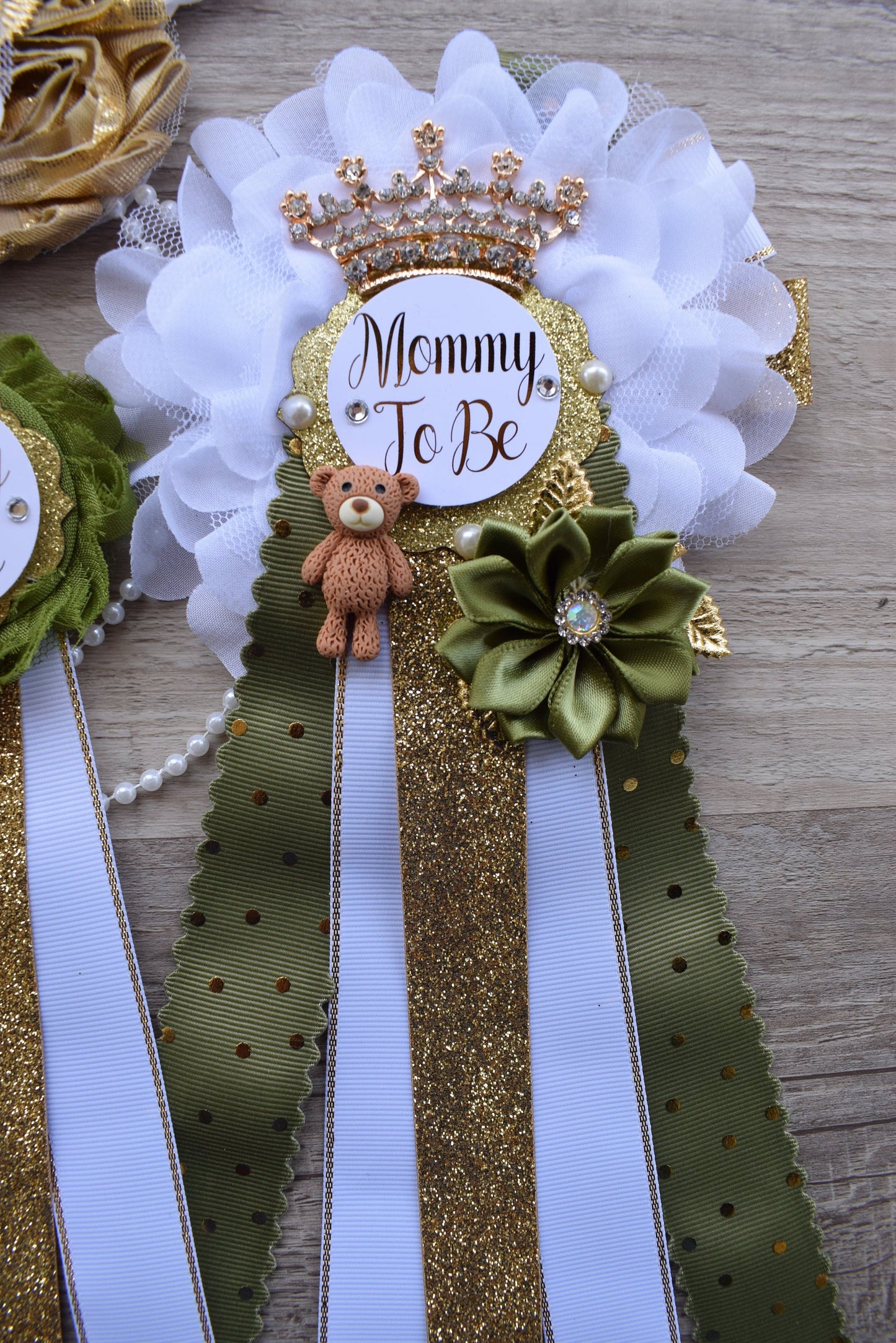 Olive Bear Baby Shower Set, Olive Maternity Sash, Teddy Bear Olive White Gold, Mommy To Be Pin, Daddy To Be Pin, Olive Baby Shower, Custom - Celebrations By Cris